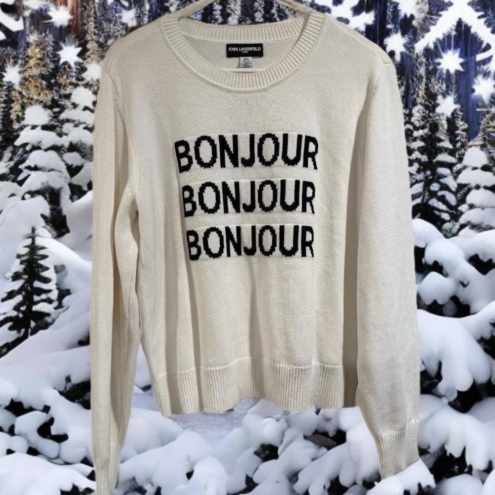 KARL LAGERFELD Black & White Bonjour Pullover Sweater Crewneck Cotton 93% EUC M - Picture 14 of 16
